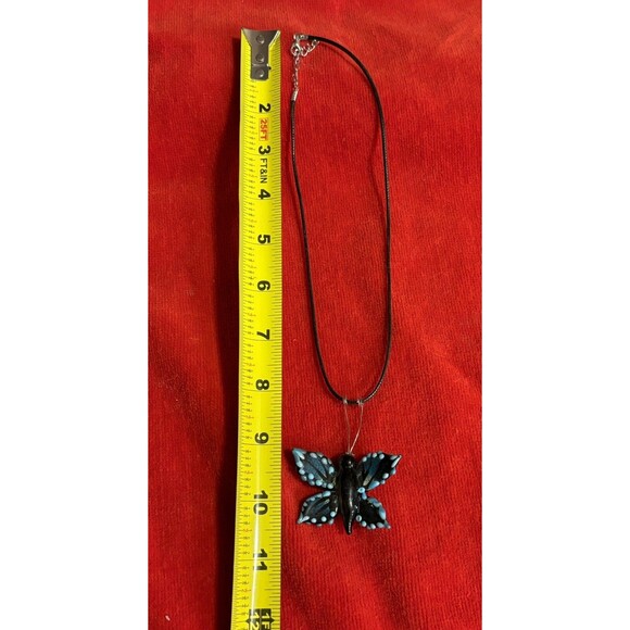 Handblown Fused Glass Black & Blue Butterfly Necklace - Picture 8 of 9